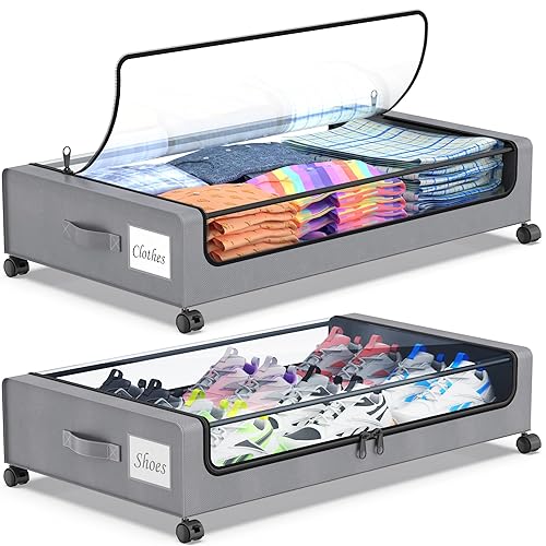 Beborxue Under Bed Storage with Wheels, 2-Pack Under Bed Storage Containers with Clear Lids, XXL 60L Under the bed storage Organizer Bins, Rolling Under Bed Metal Drawer for Clothes,Shoes,Toys (Gray) - 2 Pack-Gray