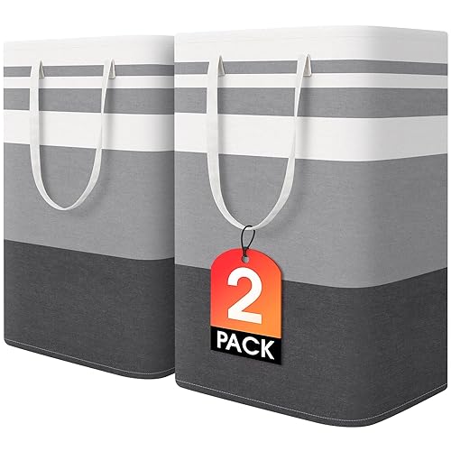 HomeHacks 2-Pack Large Laundry Basket, Waterproof, Freestanding Laundry Hamper, Collapsible Tall Clothes Hamper with Extended Handles for Clothes Toys in the Dorm and Family-(Gradient Grey, 75L) - 75L - Grey
