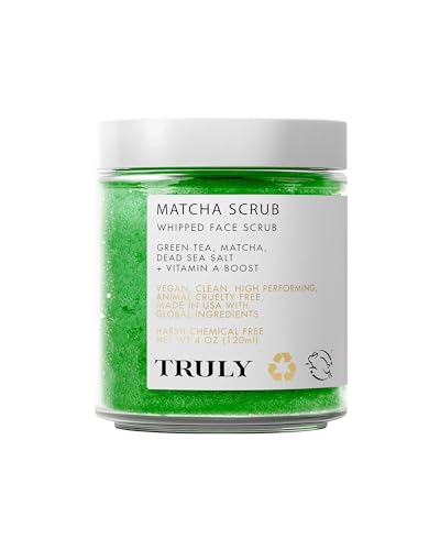 Truly Beauty Matcha Whipped Face Scrub with Green Tea, Vitamin A, Sea Salt and Sugar - Natural Exfoliating Sugar Scrub for Body and Face - Reduces Blemishes, Wrinkles and Discoloration - 4 Fl. Oz - Matcha Whipped