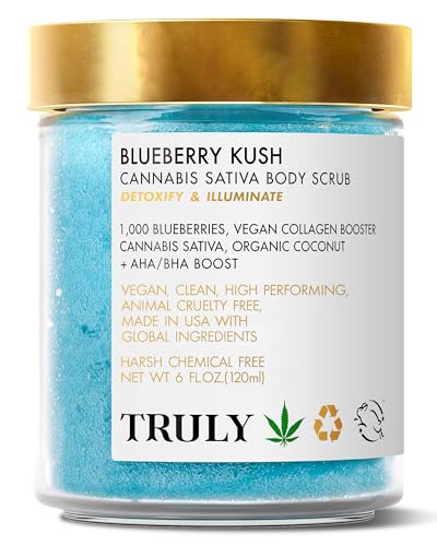 Truly Beauty Blueberry Kush Body Scrub with Hydroxy Acids and Vegan Collagen - Detoxifying Sugar Scrub for Women - Exfoliating Body Scrub for Flawless and Luminous Skin - 6 oz - Blueberry Kush