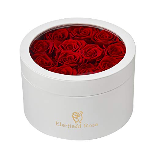 Eterfield 12 Preserved Rose in a Box Real Roses That Last a Year Preserved Flowers for Delivery Prime Gift for Her Valentines Day Mother Day (Red Roses, Round White PU Leather Box) - Red - 12 Roses