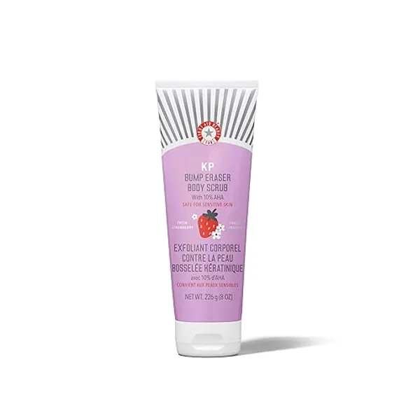 First Aid Beauty - KP Bump Eraser Body Scrub with 10% AHA, Keratosis Pilaris Exfoliater with Glycolic and Lactic acids, Helps Reduce Chicken Skin Bumps, Safe for Sensitive Skin, Strawberry Scent, 8 oz