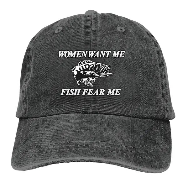 Siuwud Women Want Me Fish Fear Me Washed Baseball Cap Trucker Hat Adult Unisex Adjustable Dad Hat - Black