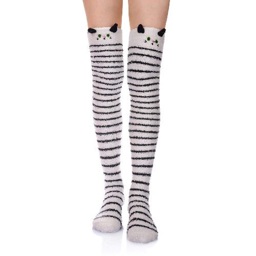 Wander G Womens Over Knee High Fuzzy Socks Cute Cartoon Thigh High Stockings Warm Stripe Leg Warmers