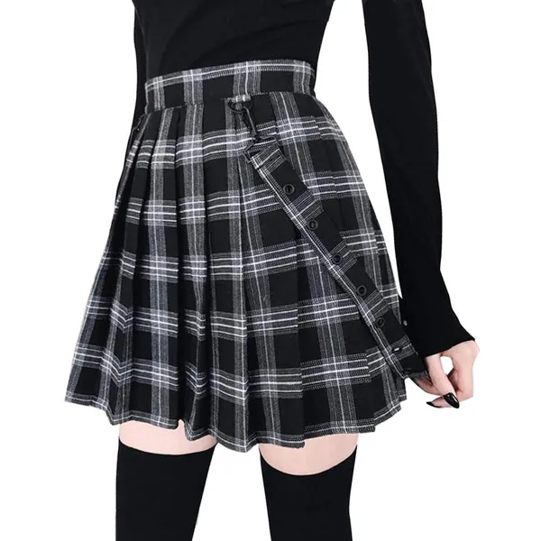 chouyatou Women's Cool Sweet A-Line Decorative Strap Plaid Pleated Mini Skirt - X-Small Black