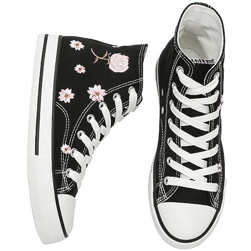 kufeiti Women’s High Top Canvas Sneakers Canvas Shoes Lace up White Black Sneakers Casual Walking Shoes - 7 - Embroidery Black