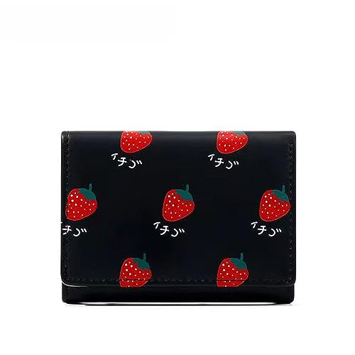 Hiriotin Strawberry Wallet Cute Strawberry Purse Girls Kawaii Trifold Wallet Small Pu Leather Card Holder (Black) - Black