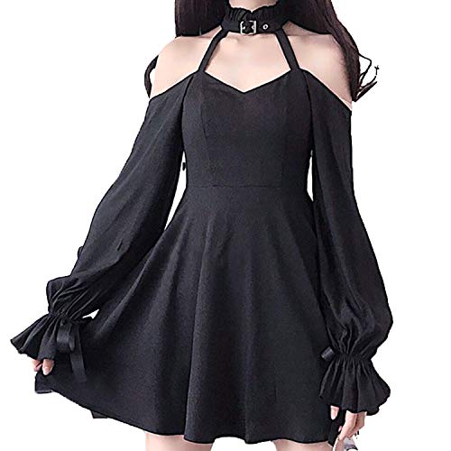 ZZEQYG Women Girls Black Gothic Dress Long Sleeves Polyester Ruffle Dress with Bows - Small - Black