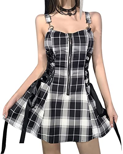 High Waist Sexy Summer Backless Mini Dress Plaid Mall Goth Grunge Punk Black Emo Sexy Party Zipper Dress - Small - Black Plaid Dress