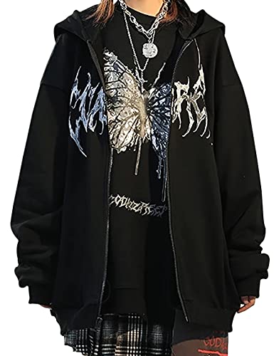 MISSACTIVER Women’s Casual Graphic Printed Hoodies Oversized Zip Up 90S E-Girl Streetwear Grunge Jacket - Large - Black