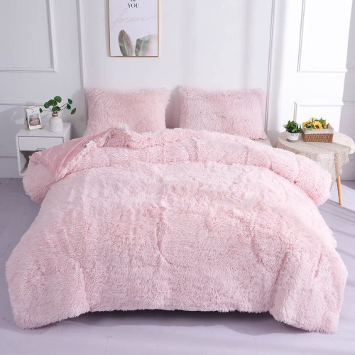 Chovy Faux Fur Plush Light Pink Comforter Sets Full/Queen - Ultra Soft Shaggy Flannel Velvet Fluffy Fuzzy 3PC Bedding Set （Comforter x 1 Pillowcases x 2）