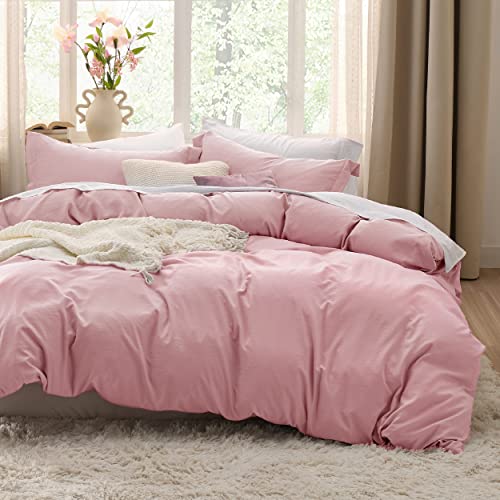 Bedsure Pink Duvet Cover Queen Size - Soft Prewashed Queen Duvet Cover Set, 3 Pieces, 1 Duvet Cover 90x90 Inches with Zipper Closure and 2 Pillow Shams, Comforter Not Included - 09 - Pink (No Comforter) - Queen (90" x 90")