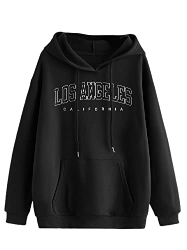 SOLY HUX Women Casual Fashion California Hoodie Los Angeles Pullover Drawstring Graphic Sweatshirt - X-Large - Black Pocket