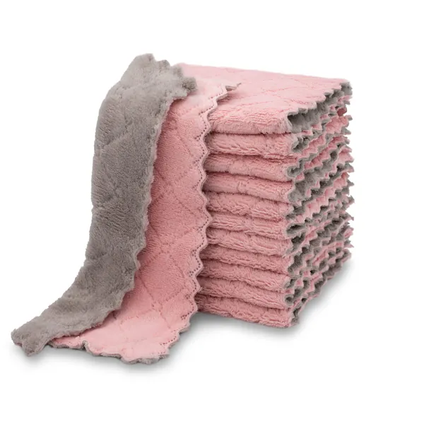 kimteny 12 Pack Kitchen Cloth Dish Towels, Premium Dishcloths, Super Absorbent Coral Velvet Dishtowels, Nonstick Oil Washable Fast Drying (Pink-Grey) - Pink-grey