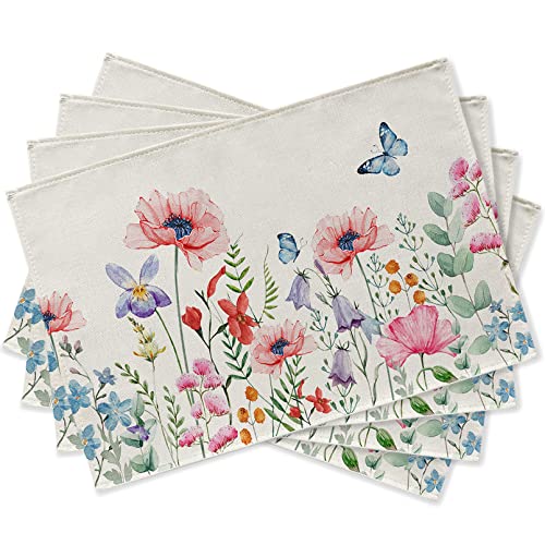 Seliem Spring Anemone Flower Placemats Set of 4, Watercolor Pink Floral Butterfly Dining Table Place Mats Home Kitchen Decor, Summer Seasonal Washable Cotton Linen Rustic Farmhouse Decorations 12 x 18 - 4 Packs Placemats12''X18''