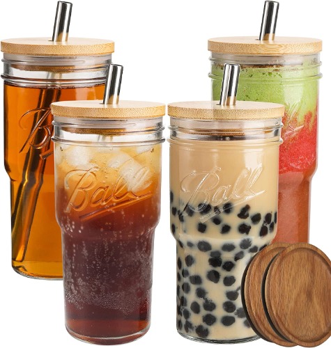 4Pack Glass Tumbler Cups with Bamboo/Wooden Lids and Straws, 24oz Iced Coffee Cups-Reusable Mason Jar Drinking Glasses for Bubble Tea, Beer, Smoothie - Double Purpose