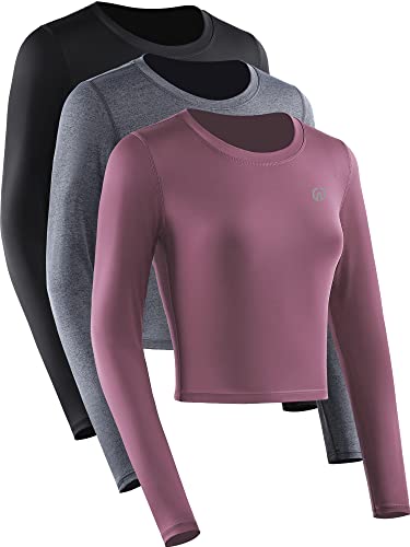 NELEUS Women's Running Workout Athletic Crop Shirts Pack of 3 - Medium - Black/Grey/Rose Red, Long Sleeve