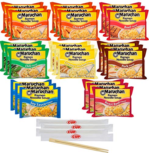 Maruchan Ramen Noodle Soup Variety, 7 Flavors, 3 Ounce Single Servings (Pack of 24) with By The Cup Chopsticks - Pork - 28 Piece Set
