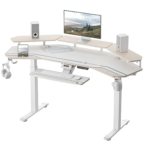 EUREKA ERGONOMIC Höhenverstellbarer Schreibtisch 182×76cm Flügelförmiger Gaming Tisch Höhenverstellbar Elektrisch Doppelmotor Groß Gaming Schreibtisch mit Led, Monitorständer und Tastaturablage - 182 x 76 cm - White Maple