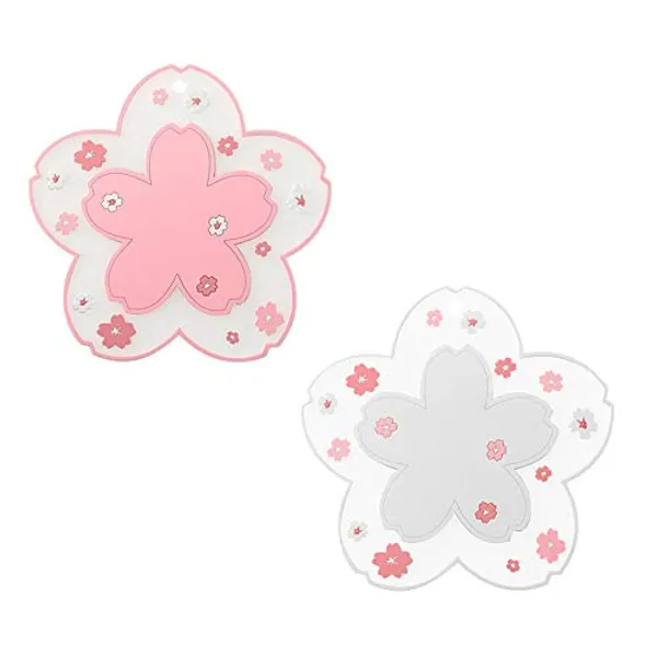 Sakura Coffee Cup Mat Kawaii Coaster 2PCS Cute Cherry Blossom PVC Home Tea Mug Pink Flower Pattern Anti-Skid Pot Bowl Pad Placemat for Desk Drink Table Decor Kawaii Accessories(Large)
