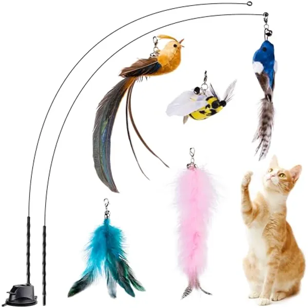 JXFUKAL Cat Feather Toys, Interactive Cat Toy with Super Suction Cup, 2PCS Springy Cat Wand & 5PCS Teaser Refills Replacement with Bells, Kitty Kitten Toys Cat Spring String Toy Cat Accessories