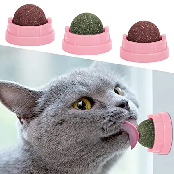 SINROBO 3 Pack Catnip Balls, Catnip Ball for Cats Wall, Edible Kitty Toys for Cats Lick, Safe Healthy Kitten Chew Toys, Teeth Cleaning Dental Cat Toys, Cat Wall Treats