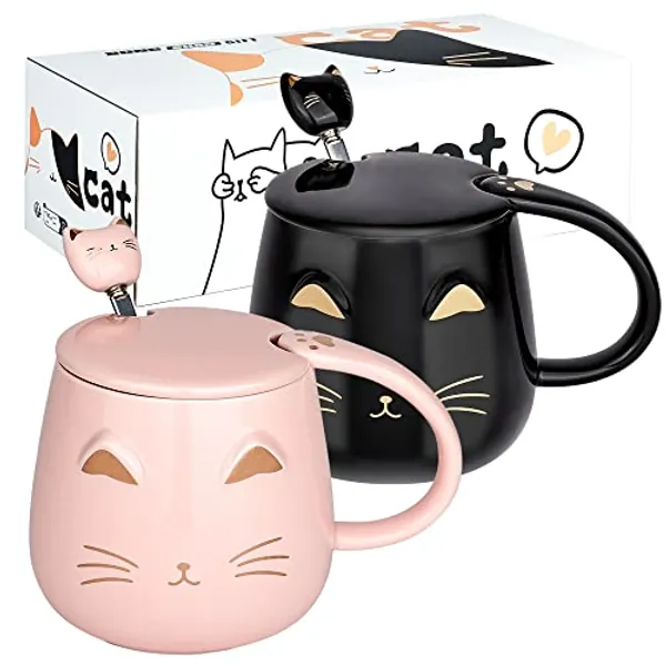 DONGSHANGIFT Cat Mugs Set of 2 Cute Cat Tea Cup Set Ceramic Coffee Mug with Lid and Spoon Cute Mugs for Women Girls Cat Lovers 13oz/380ml Christmas Birthday Cat Gift Mug (Black and Pink)