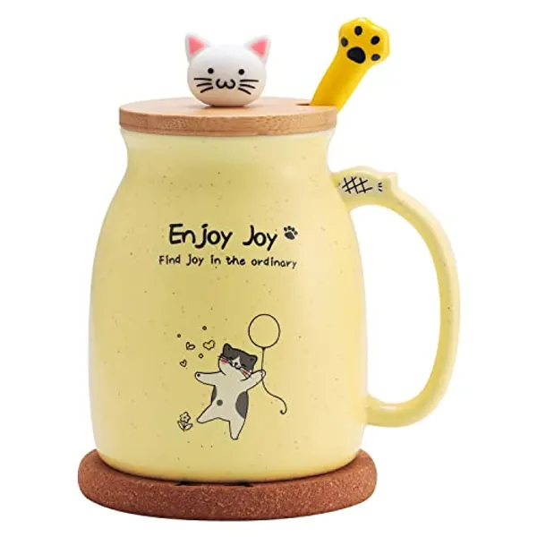 Bgbg Cute Cat Cup Ceramic Coffee Mug with Kawaii Wooden Kitty Lid, Lovely Cat Claw Spoon, Anime Wooden Cat Coaster,Christmas Birthday Gift Cute Thing for Women Cat Lovers 480ML