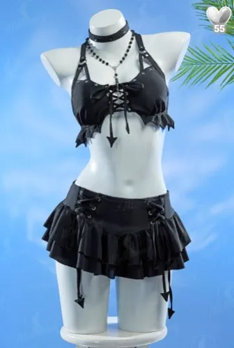 Misa Derivative Two-Piece Swimsuit Bikini Set Cross Lace-up Halter Top Skirt Bathing Suit with Cross Necklace Choker