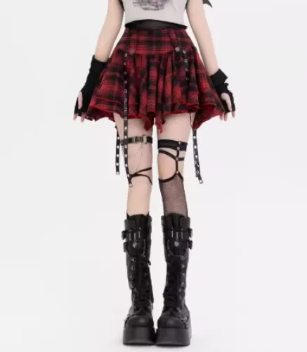 REDDACHiC Retro Checkered Irregular Ruffle Skirt Women Grunge Y2k Leather Belt Red Black Plaid Mini Skirt E-girl Summer Clothes
