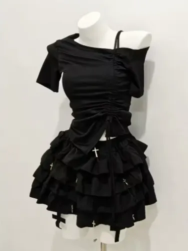  Streetwear Two Piece Set Women Clothing Drawstring Off Shoulder Tshirts Ruffles Mini Skirt Suit Roupas Femme Goth Summer Outfits