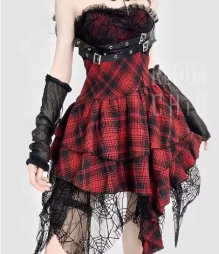 REDDACHiC Steampunk Trailing Hi-Lo Skirt Dress Set Plaid Belted Corset Stitch Lace Spider Web Mini Cake Dress Goth Women Clothes
