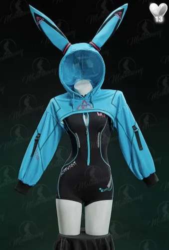 Vocal Derivative Sexy Cosplay Cyber Style Tight Sportswear Bodysuit with Hooded Short Jacket and Headdress