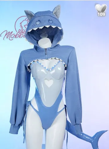 Sexy Lingerie Set Kawaii Cat Shark Cutout Bodysuit with Crop Hoodie and Tail