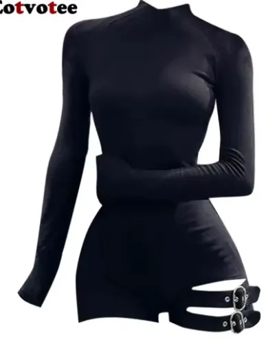 EOTVOTEE Fashion Solid Jumpsuit Women Simple Skinny Long Sleeve Bandage Bodysuit 2025 New Y2K American Style Spice Girl Rompers