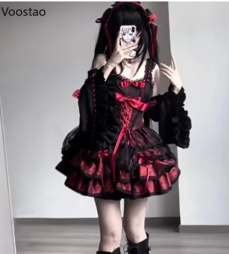 Japanese Gothic Lolita Jsk Dress Women Harajuku Y2k Bow Lace Ruffles Evening Party Mini Dresses Punk Kawaii Black Red Vestidos