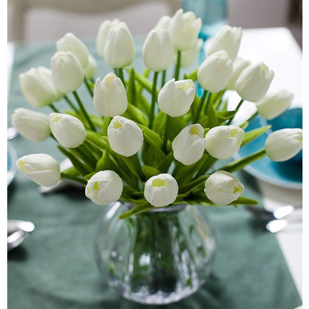 30pcs Real Touch Tulips PU Artificial Flowers, Fake Tulips Flowers for Arrangement Wedding Party Easter Spring Home Dining Room Office Decoration. (White, 14" Tall) - White