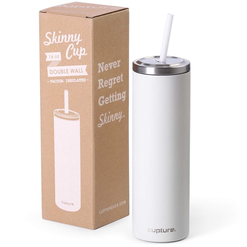 Cupture Stainless Steel Skinny Insulated Tumbler Cup with Lid and Reusable Straw - 16 oz (Winter White) - Winter White