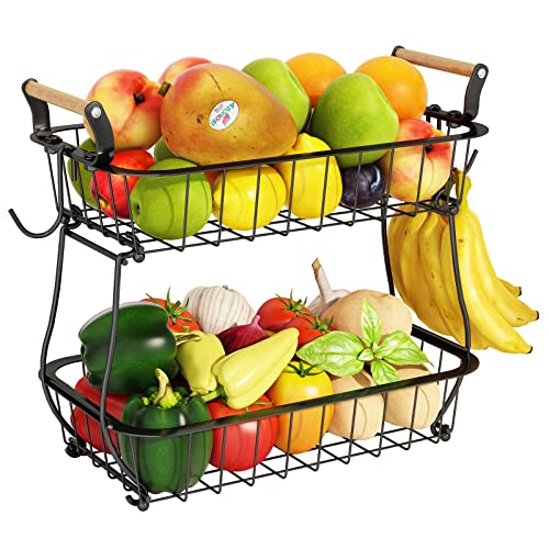 2 Tier Fruit Basket with 2 Banana Hangers, Countertop Fruit Vegetable Basket Bowl for Kitchen Counter Metal Wire Storage Basket Fruits Stand Holder Organizer for Bread Snack Veggies Produce