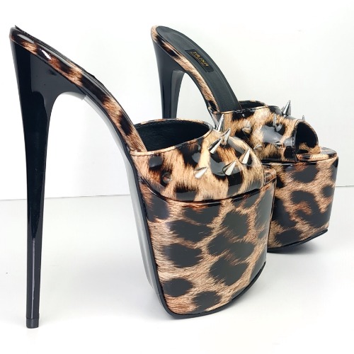 Leopard Gloss Spike Studded High Heel Mules | Eu39 /UK6 /USw8 / Photo Colour / 19 cm