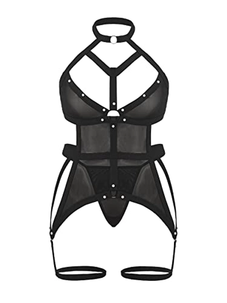 SOLY HUX Women's Plus Size Sexy Lingerie 2 Pieces Sets Exotic Mesh Sheer Garter Teddy Babydoll Bodysuit and Thong