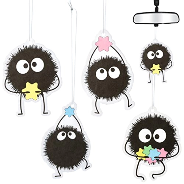 C1krint 4pcs Anime Cute Soot Sprites Car Air Fresheners, Cartoon Car Hanging Incense Chips Decoration 4 Scents Aromatic Accessories Trendy Car Rearview Mirror Pendant