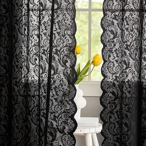 ALIGOGO Black Sheer Lace Curtains 96 inches Long Victorian Gothic Curtain Panels with Paisley Floral Patterns Retro Curtains for Living Room Halloween Decor Set of 2 52 x 96 Inch Black - Black - 52"W x 96"L (Pack of 2)