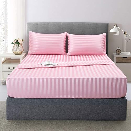 Satin-Silk Sheets Full Size Bed Set, Pink Soft Cooling Deep Pocket Sheets, Hypoallergenic, Wrinkle and Fade Resistant Bedding Set, Striped - Striped Pink - Full