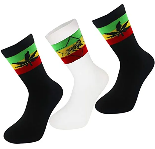 RASTA COTTON CREW SOCKS GANJA WEED LEAF LION STRIPE COMFORT (Multi Pack) (UK 6-11 / EUR 39-45)