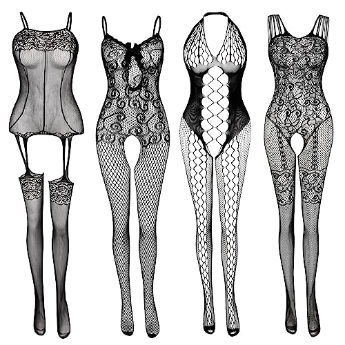 Women's Lace Stockings Lingerie Floral Fishnet Bodysuits Lingerie Nightwear for Romantic Date Wearing - Black: 4 Pcs