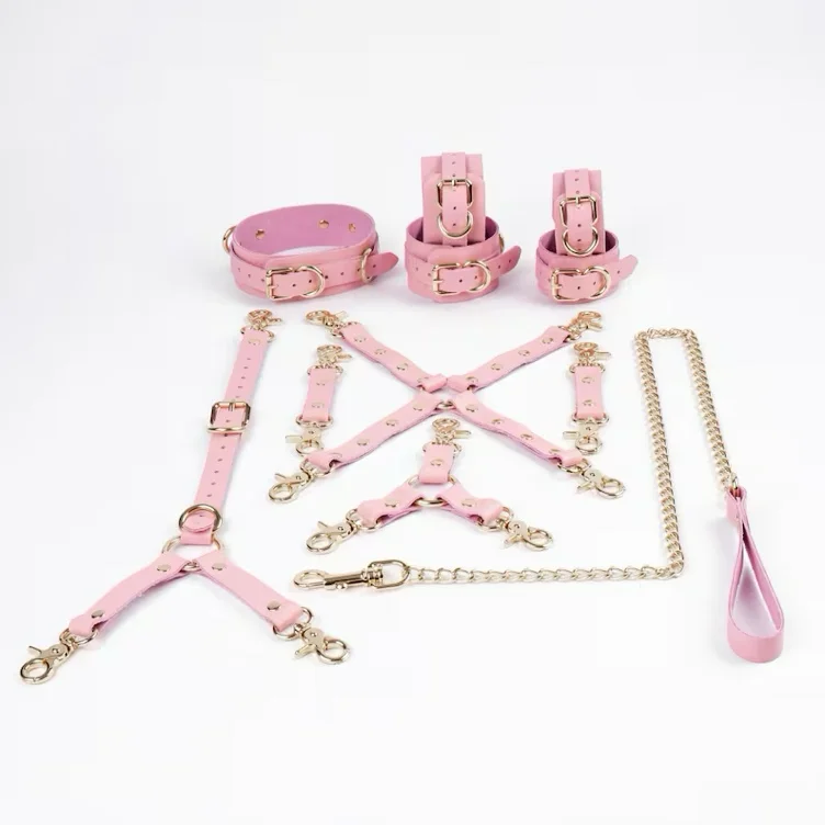 11 Piece – Italian Leather Bondage Restraint Set – Waist Belt, Thigh Cuffs, More – Multiple Colors & Hardware Options, Pink