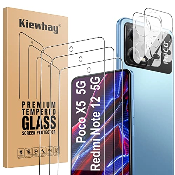 Kiewhay Schutzfolie Kompatibel mit Xiaomi Poco X5 5G / Redmi Note 12 5G Displayschutzfolie 6,67'', 3x Schutzfolie + 2x Kamera Schutzfolie, [9H Härte] 99,99% HD Glasfolie - 5 Stück