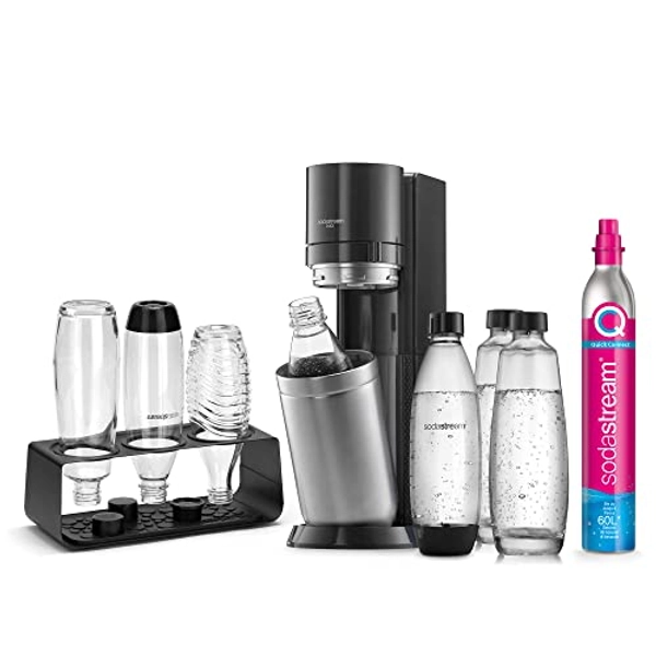 SodaStream Wassersprudler DUO Comfort-Set mit CO2-Zylinder, 2X 1L Glasflasche, 2X 1L spülmaschinenfeste Kunststoff-Flasche und sytlischem Flaschenhalter, Höhe: 44cm, Farbe: Titan