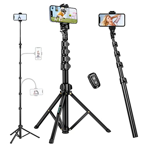 Nineigh Selfie Stick Tripod, 85" Phone Tripod, Aluminum Tripod Stand for Video Recording Photo Vlog, Travel Cell Phone Tripod with Gooseneck/Remote/Phone Holder, Compatible with iPhone Android - 85 Inch - Black